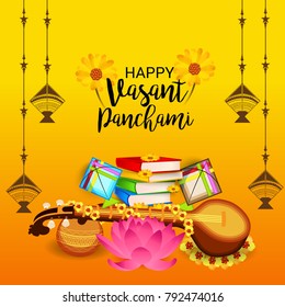 Vector illustration of a Background with instrument Veena for Happy Vasant Panchami Celebration.