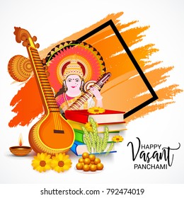 Vector illustration of a Background with instrument Veena for Happy Vasant Panchami Celebration.