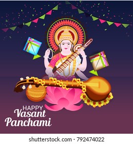 Vector illustration of a Background with instrument Veena for Happy Vasant Panchami Celebration.