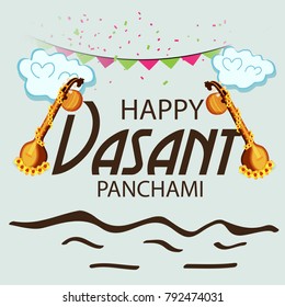 Vector illustration of a Background with instrument Veena for Happy Vasant Panchami Celebration.