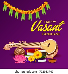 Vector illustration of a Background with instrument Veena for Happy Vasant Panchami Celebration.