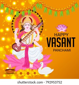 Vector illustration of a Background with instrument Veena for Happy Vasant Panchami Celebration.