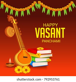 Vector illustration of a Background with instrument Veena and books for Happy Vasant Panchami Celebration.