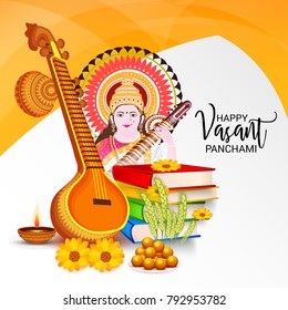 Vector illustration of a Background with instrument Veena for Happy Vasant Panchami Celebration.