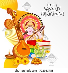 Vektorillustration Illustration eines Hintergrundes mit Instrument Veena für Happy Vasant Panchami Feier.