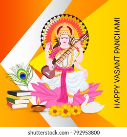 Vector illustration of a Background with instrument Veena for Happy Vasant Panchami Celebration.