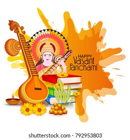 Vector illustration of a Background with instrument Veena for Happy Vasant Panchami Celebration.