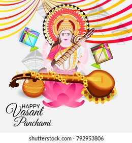 Vector illustration of a Background with instrument Veena for Happy Vasant Panchami Celebration.