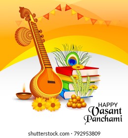 Vector illustration of a Background with instrument Veena and books for Happy Vasant Panchami Celebration.