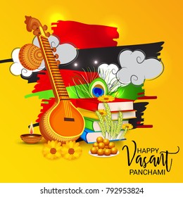 Vector illustration of a Background with instrument Veena for Happy Vasant Panchami Celebration.