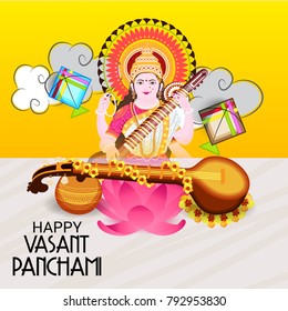 Vector illustration of a Background with instrument Veena for Happy Vasant Panchami Celebration.