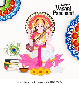 Vector illustration of a Background with instrument Veena for Happy Vasant Panchami Celebration.