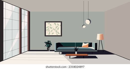 Vector illustration. Background interior. Apartment design, loft design, trendy interior design, minimalism, Scandinavian style, furniture, apartment.