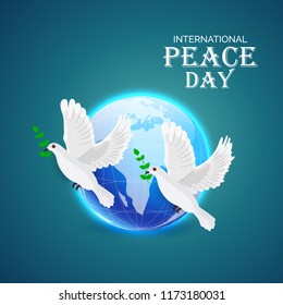 Vector illustration of a Background for International Peace Day with dove and olive branch. 