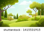Vector illustration background of the Italian countryside. Hill landscape with pines and cypresses. Spring scenery with green grass and blue sky.