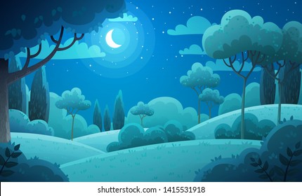 Vector illustration background of the Italian countryside. Hill landscape with pines and cypresses. Night scenery with moon and stars in dark blue sky.