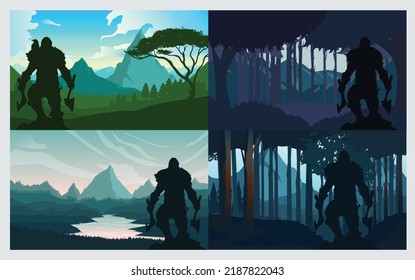 Vector illustration background of the Italian countryside. Hill landscape with pines and cypresses. Night
scenery with moon and stars in dark blue sky.