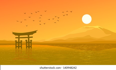 Vector illustration background of Japanese gate (Torii) and flying birds against hot sun and mountain on shore in orange tone.