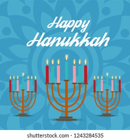 Vector illustration of a Background for Jewish Holiday Hanukkah with Menorah (traditional candelabra) and Burning Candles.