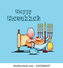 Vector illustration of a Background for Jewish Holiday Hanukkah with Menorah (traditional candelabra) and Burning Candles.