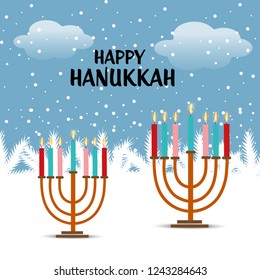 Vector illustration of a Background for Jewish Holiday Hanukkah with Menorah (traditional candelabra) and Burning Candles.