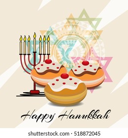 Vector illustration of a Background For jewish holiday Hanukkah with menorah and donuts.