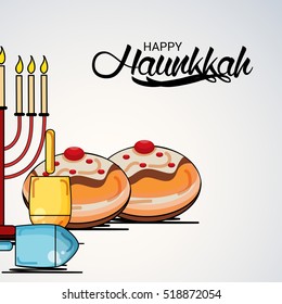 Vector illustration of a Background For jewish holiday Hanukkah with menorah donuts and  dreidels.