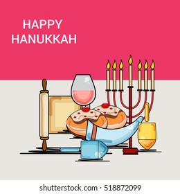 Vector illustration of a Background For jewish holiday Hanukkah with menorah donuts and  dreidels.