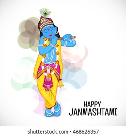  Vector illustration of a background with Krishna playing flute for Happy Krishna Janmashtami.