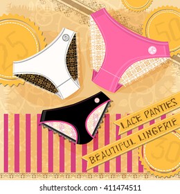 Vector illustration background lacy underwear. Retro style. Set of elements for design design greeting cards, leaflets, flyers and more.