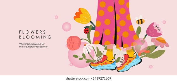 Vector illustration. Background for landing page, website, horizontal banner, poster. Legs, sneakers, girl, flowers, soap bubbles. Fantasy, colorful background.