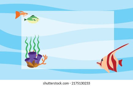 Vector illustration background (landscape, copy space) where whales, penguins and dolphins are swimming in the summer sea