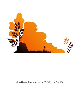 Vector illustration of the background. landscape stone with grass and plant branches, silhouette