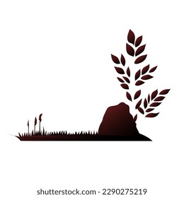 Ilustración vectorial del fondo. piedra de paisaje con ramas de hierba y plantas, silueta