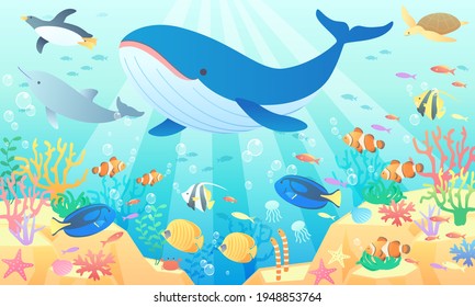 Vector illustration background (landscape) where whales, penguins and dolphins are swimming in the summer sea