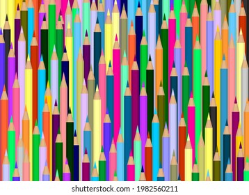 Vector illustration. A background of a large number of colored pencils. Many rows of pencils one by one