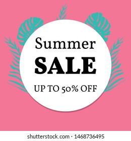 Vector illustration. Background with leaves of tropical monser with space for text. Summer sale