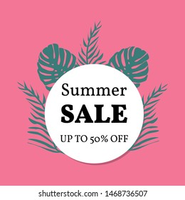 Vector illustration. Background with leaves of tropical monser with space for text. Summer sale