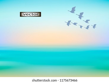 Vector illustration background of light delicate flowers of green and blue water sea and birds flying in the sky