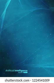 Vector illustration of a background with line, cloud and green gradient. Design for intelligence technology. Glow abstract design. Wireframe geometry on dark blue field with broken line.