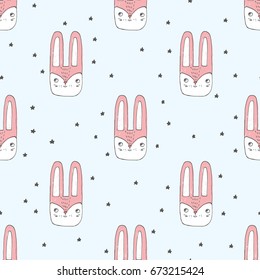 Vector illustration of background with little bunny's heads among stars long ears for fashion, paper, web. Sketch picture. Hand drawn. Cute rabbit drawn with colored crayons and pen. Seamless pattern