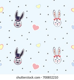 Vector illustration of background with little rabbits heads among stars long ears for fashion, paper, web. Sketch picture. Hand drawn. Cute rabbits drawn with colored crayons and pen. Seamless pattern