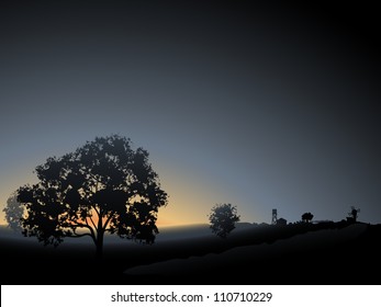 Vector illustration background: lonely tree in the morning mist sunrise with farm on horizon.