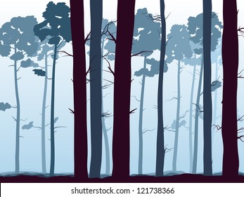 Vector illustration of  background with many pine trunks (coniferous forest) in the morning mist.