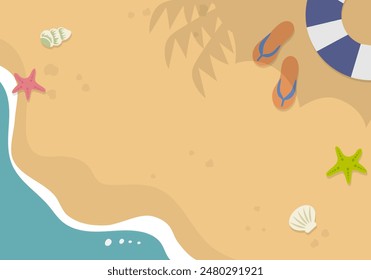 Vector illustration of background material of waves crashing on a sandy beach with beach sandals and swim rings