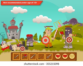 Vector illustration background of a medieval game scenery with characters in battle.