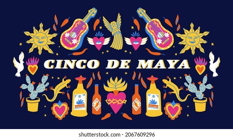 Vector illustration background for Mexican holiday 5 may Cinco De Mayo with traditional Mexican symbols cactus, guitar, flowers, red pepper