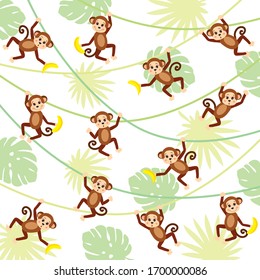 猿 クリーパー バナナ 葉を含む背景のベクターイラスト 漫画風のかわいいチンパンジー のベクター画像素材 ロイヤリティフリー