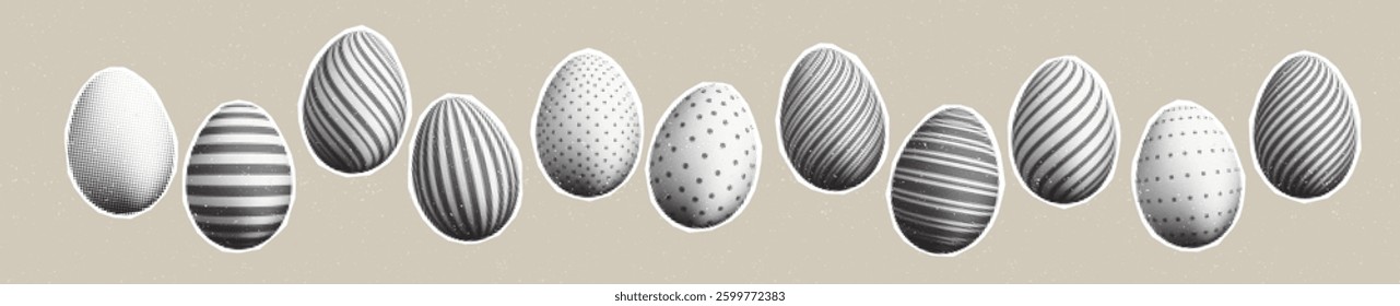 Vector Illustration Background with Monochrome Decorated Easter Eggs in Various Patterns and Designs Arranged Horizontally on a Beige Surface.