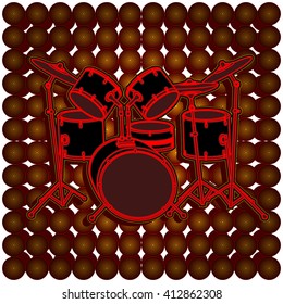 Vector illustration of a background music icon, flat drum set against a background of circles. Isolated objects can be used with any text or image.